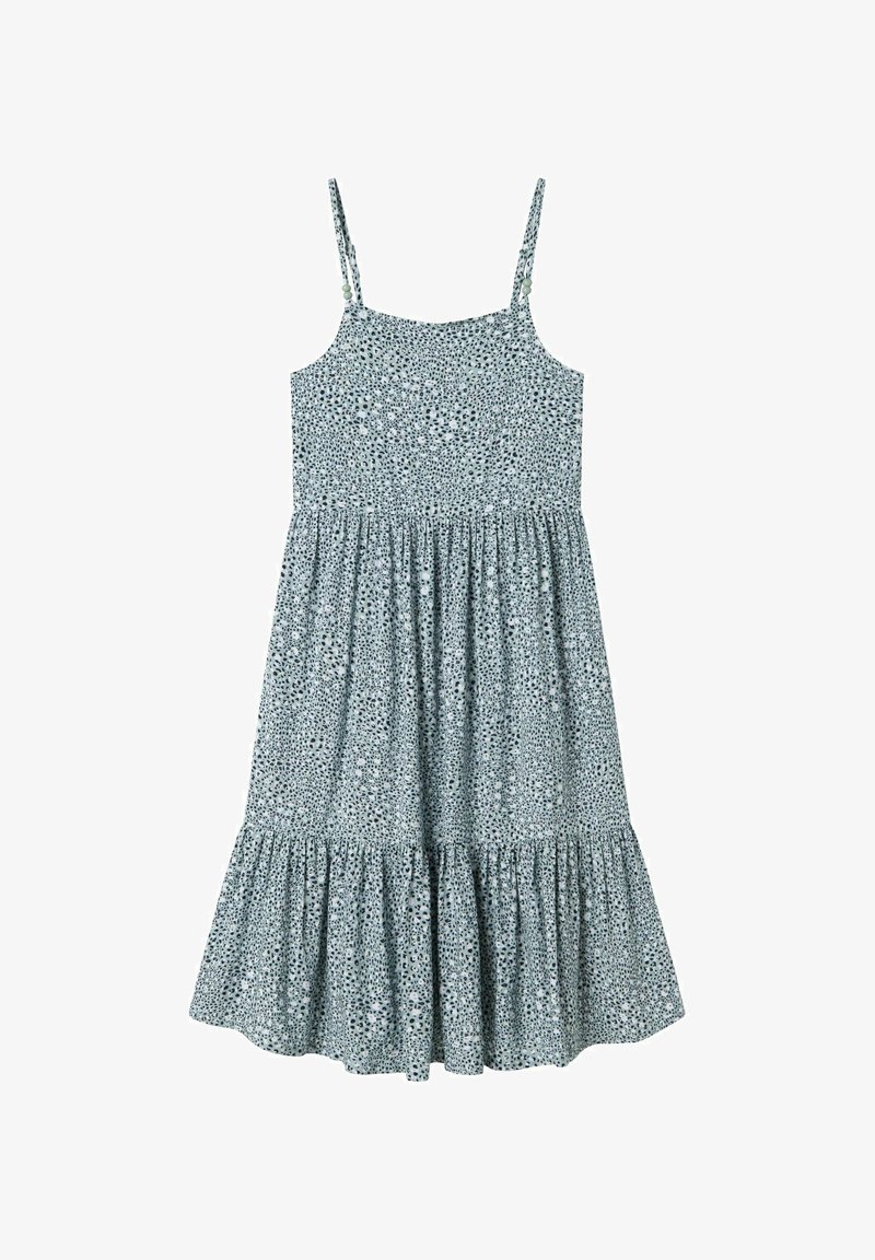 Svetlo modra obleka z tankimi nastavljivimi naramnicami, cvetličnim vzorcem, elastikastim korzetom in razširjenim ruffled robom. Narejena iz mehke, lahke tkanine.