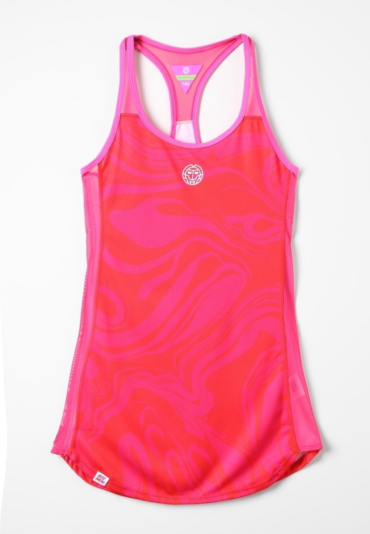 Fuksia urheilu-toppi, jossa on aaltoilu-kuvio, valmistettu kevyestä ja hengittävästä kankaasta. Ominaisuuksiin kuuluu pyöreä kaula-aukko ja urheilullinen selkäosa.
