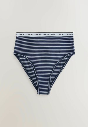 Marineblå og hvide, højttaljede underbukser med blød elastik i taljen, hvor mærkenavnet "NEXT" er trykt i hvidt.