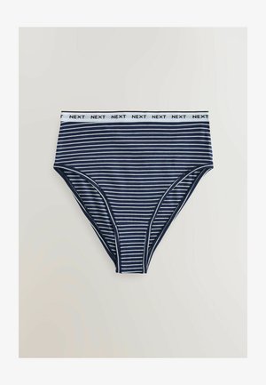 Vysoké kalhotky s námořnickými a bílými proužky, s měkkým elastickým pasem, na kterém je bílým písmem vytištěné jméno značky "NEXT".