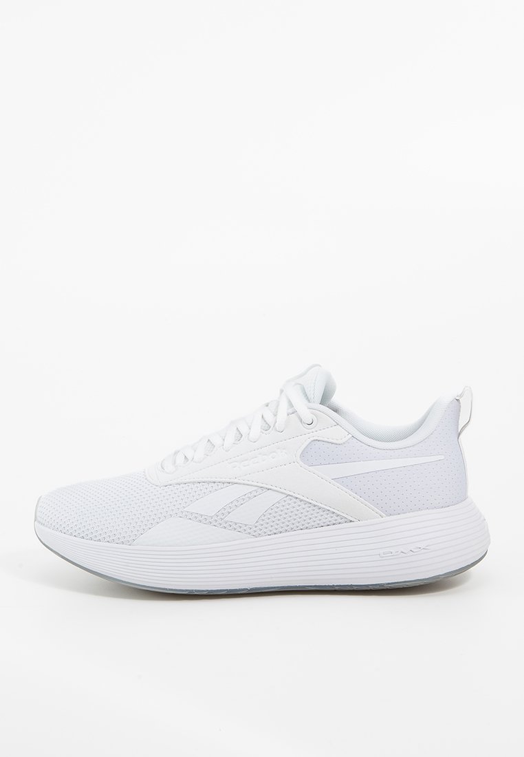 White athletic shoe featuring a breathable mesh upper, smooth synthetic accents, round toe, and textured rubber sole with light cushioning.