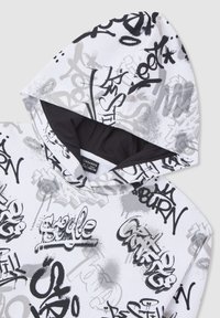 Felpa con cappuccio su sfondo bianco caratterizzata da testo in stile graffiti nero e grigio. Tessuto morbido con interno nero a contrasto.