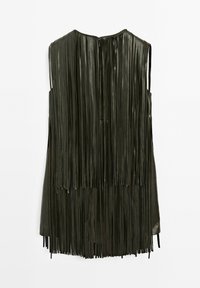 Mouwloze zwarte leren jurk met gelaagde lange franjes aan de achterkant, voorzien van een kleine ritssluiting bij de halslijn.