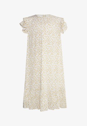 Fehér, rövid ujjú ruha sárga virágmintával, fodros ujjakkal és bővülő szegéllyel. Gombos záródás a nyakkivágásnál.