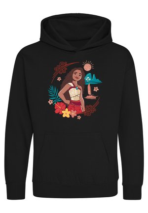 Sort hættetrøje med grafik af en smilende pige i tropisk påklædning omgivet af blomster, blade, en sejlbåd, sol og ø-former.