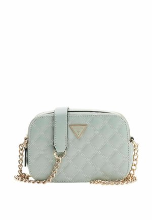 Sac à main matelassé vert menthe en matériau synthétique, avec une fermeture éclair, une chaîne comme bandoulière et des accents en métal doré.