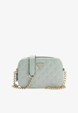 Sac à main matelassé vert menthe en matériau synthétique, avec une fermeture éclair, une chaîne comme bandoulière et des accents en métal doré.