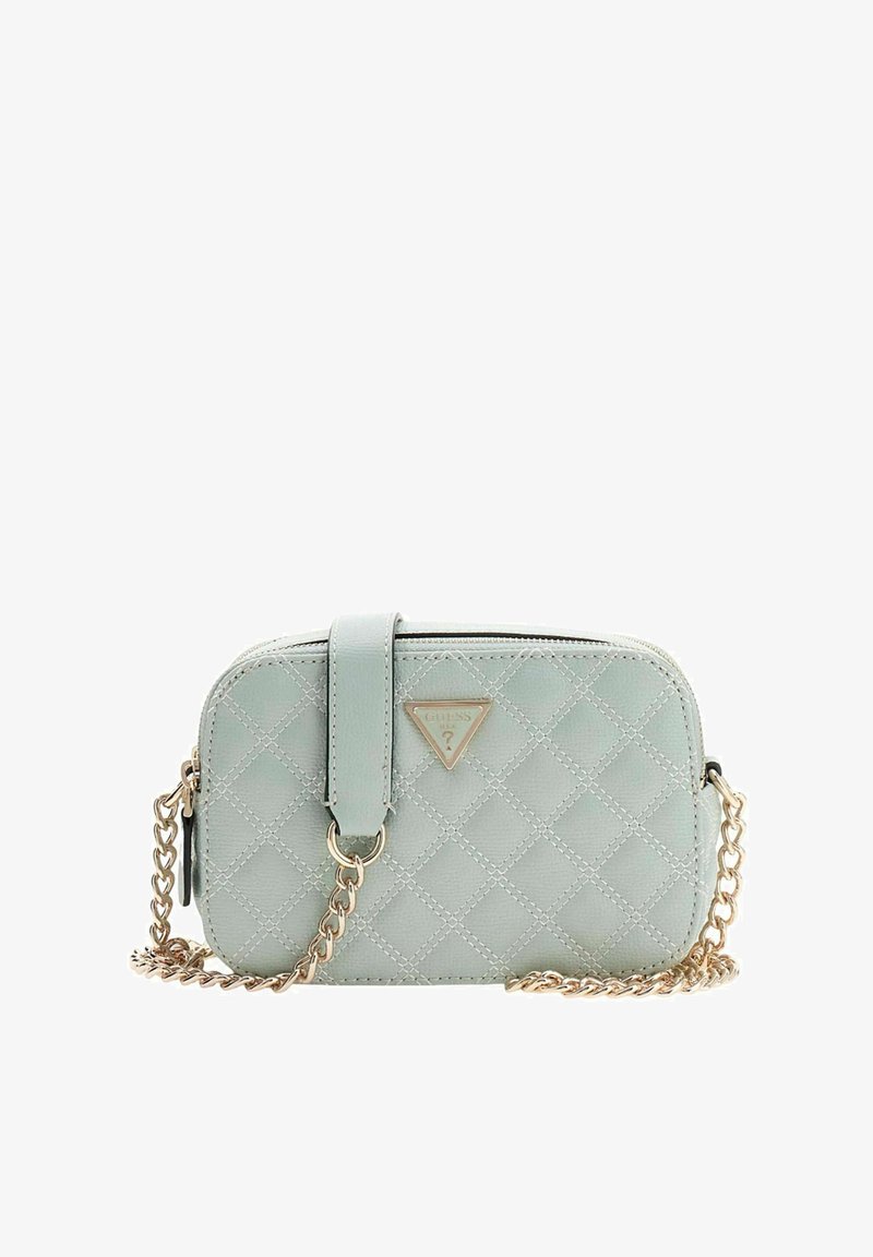 Sac à main matelassé vert menthe en matériau synthétique, avec une fermeture éclair, une chaîne comme bandoulière et des accents en métal doré.