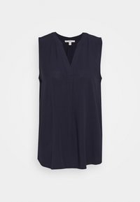 Marineblauw mouwloos topje met een V-hals, zachte stof, elegante draping en subtiele plooien bij de schouders. Geen zichtbare patronen of hardware.