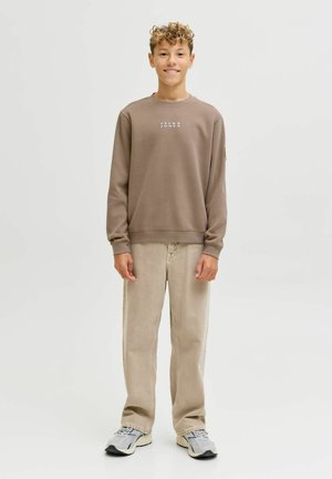 Teenager står og smiler, iført en brun sweatshirt med teksten "Jack & Jones", beige bukser og grå sneakers, mod en ensfarvet baggrund.