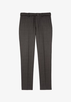 Pantaloni grigi su misura con un sottile motivo a quadri, realizzati in un tessuto liscio, dotati di cintura e gambe dritte per un aspetto strutturato.
