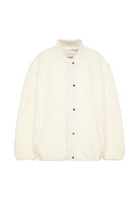 White, fluffy bomber jacket with a ribbed collar, snap button front, and side pockets. Soft texture with a relaxed fit design.