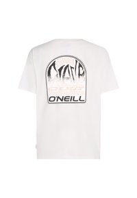 Hvid bomulds t-shirt med korte ærmer, der har et stort grafisk print på ryggen i sort og beige, med teksten "O'Neill" og "CYCLE."