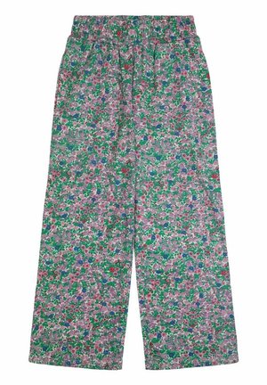 Pantalon à jambes larges avec taille élastique, présentant un motif floral dense en vert, rose, rouge et bleu sur un fond clair.