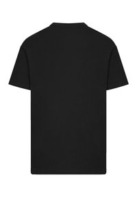 Black cotton t-shirt with short sleeves, crew neck design, smooth texture, and a plain back without any graphics or logos.