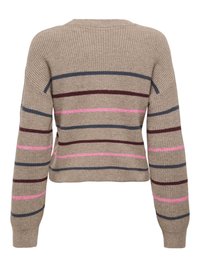 Pull beige en maille avec des rayures horizontales en rose, bordeaux et marine. Col rond et manches longues avec une coupe décontractée.