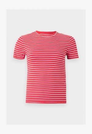 Tricou roșu cu mâneci scurte, dungi albe orizontale înguste și guler rotund, afișat pe un fundal gri deschis simplu.