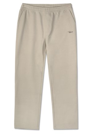 Smėlio spalvos sportinės kelnės, pagamintos iš minkštos medžiagos, su elastinga juosta, dviem šoninėmis kišenėmis ir mažas logotipas kairėje pusėje.