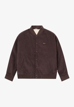 Braune Cordjacke mit geripptem Kragen, umschlagenen Ärmeln und Knopfleiste vorne. Verfügt über seitliche Taschen und dezente Markenstickerei.