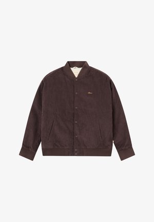 Braune Cordjacke mit geripptem Kragen, umschlagenen Ärmeln und Knopfleiste vorne. Verfügt über seitliche Taschen und dezente Markenstickerei.