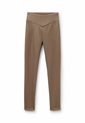 Braune, hoch taillierte Leggings mit einer glatten, dehnbaren Textur; konturiertes Taillenband-Design mit einer subtilen V-Form an der Vorderseite.