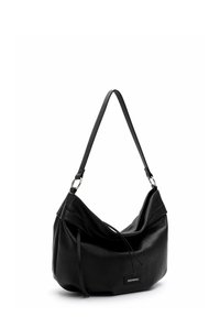 Black leather shoulder bag with a slouchy design, adjustable strap, and a subtle logo tag. The surface has a smooth texture.