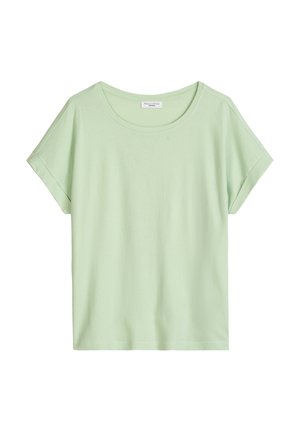 Jasnozielona bawełniana koszulka z krótkim rękawem, okrągłym dekoltem i podwiniętymi mankietami, prezentowana na płasko na białym tle.