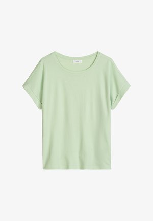 T-shirt in cotone verde chiaro a maniche corte con scollo rotondo e risvolti sulle maniche, mostrata distesa su uno sfondo bianco.
