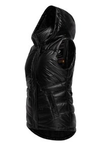 Zwarte gewatteerde vest met capuchon, met een gladde, glanzende textuur en schuine stiksels. Inclusief een zijzak en contrasterende binnenvoering.