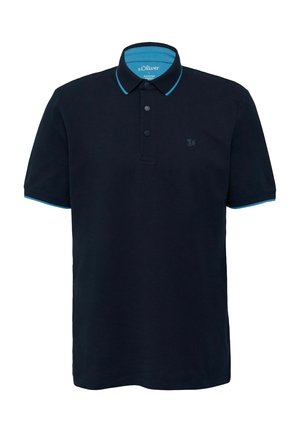 Marineblauw polohemd met korte mouwen, lichtblauwe bies aan kraag en mouwen, drie knopen en een klein logo op de borst.