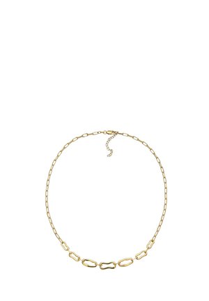 Gouden ketting met afwisselend kleine rechthoekige en onregelmatig gevormde schakels en een karabijnsluiting met verstelbare verlenging.