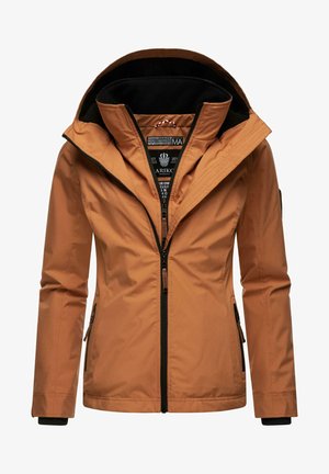 Veekindel kapuutsiga jakk rikkal pruunil värvil. Omab tõmblukk-kinnitust, küljetaskuid ja musti aktsente kontrasti loomiseks. Sile tekstuur.