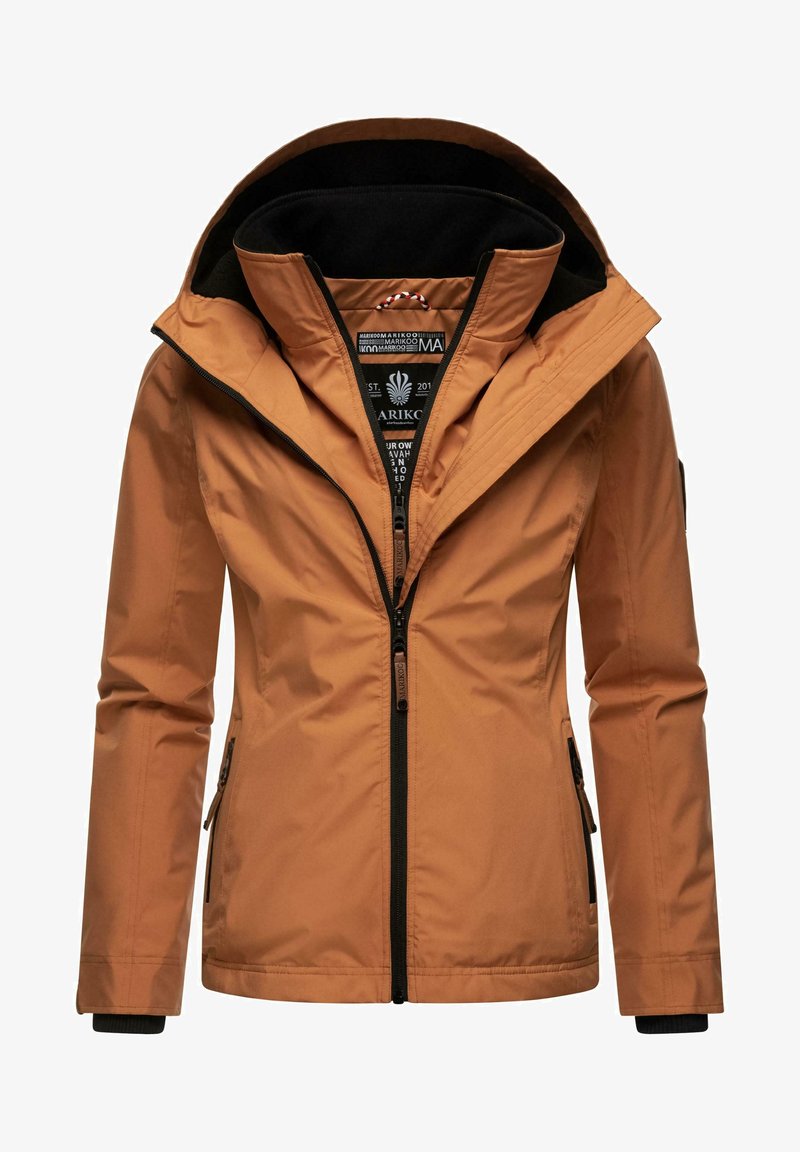 Water-resistant, hooded jacket in a rich brown color. Features a zip closure, side pockets, and black accents for contrast. Smooth texture.