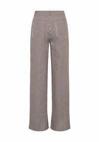 Gestreifte weite Hose mit einem braun-cremefarbenen Muster, zwei Gesäßtaschen und einem hohen Taillendesign, aus leichtem Stoff gefertigt.