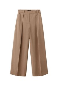 Pantaloni beige a gamba larga con vita alta, caratterizzati da pieghe davanti e tasche laterali, realizzati in un tessuto liscio e robusto.