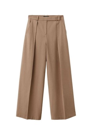 Pantalons larges beiges à taille haute, avec des plis avant et des poches latérales, fabriqués dans un tissu lisse et résistant.