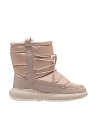 Beige zateplená kotníková bota s polstrovaným svrškem, elastickými tkaničkami a texturovanou podešví. Hladká tkanina s kontrastní jednobarevnou podrážkou.