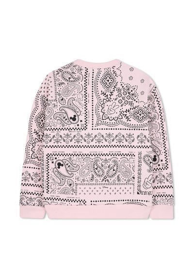 Felpa rosa con un motivo paisley nero e dettagli, circondata da bordi decorativi. Polsini e colletto a costine con una texture morbida.