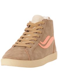 Ténis de cano alto em pele sintética bege com detalhes em pêssego e sola texturada bege. Apresenta bico redondo, fecho de atacadores e forro suave.