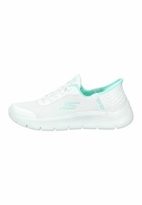 White athletic shoe made of mesh material with a textured white sole. Light blue accents on the collar and logo on the side.
