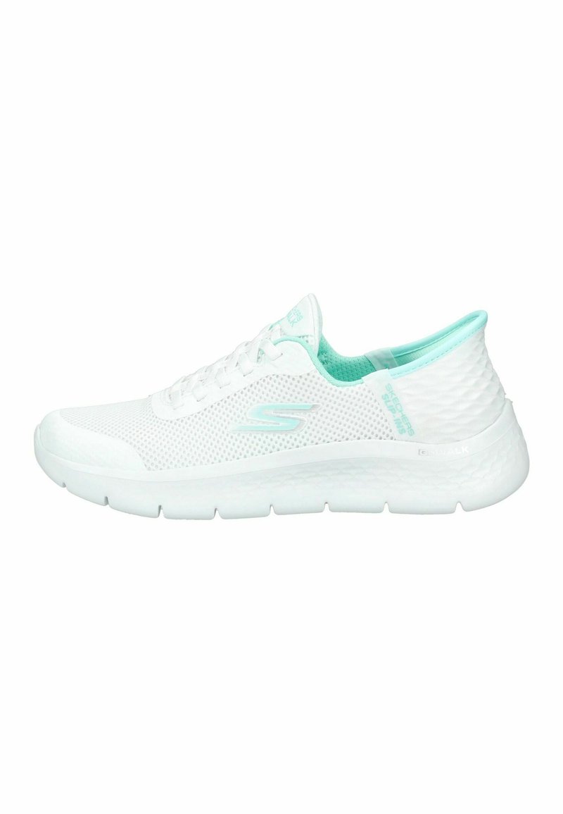 White athletic shoe made of mesh material with a textured white sole. Light blue accents on the collar and logo on the side.