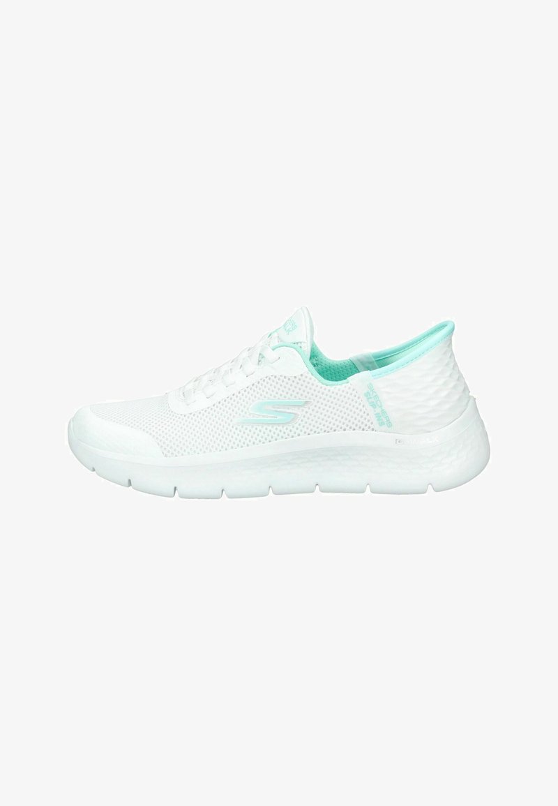 White athletic shoe made of mesh material with a textured white sole. Light blue accents on the collar and logo on the side.