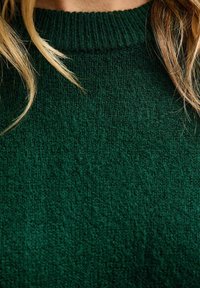 Maglione in maglia verde scuro con pattern testurizzato e scollo a costine, caratterizzato da un tessuto morbido e accogliente.