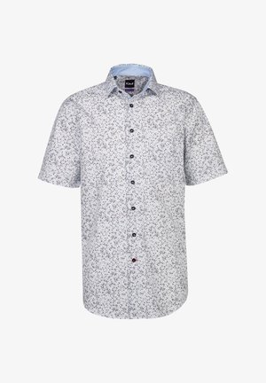 Camicetta a maniche corte di un blu chiaro con un motivo floreale bianco. Presenta una chiusura con bottoni sul davanti e un colletto standard. Realizzata in un tessuto traspirante.