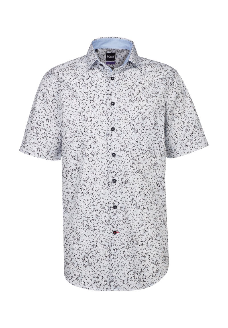 Camicetta a maniche corte di un blu chiaro con un motivo floreale bianco. Presenta una chiusura con bottoni sul davanti e un colletto standard. Realizzata in un tessuto traspirante.