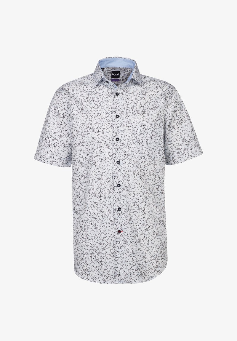 Camicetta a maniche corte di un blu chiaro con un motivo floreale bianco. Presenta una chiusura con bottoni sul davanti e un colletto standard. Realizzata in un tessuto traspirante.