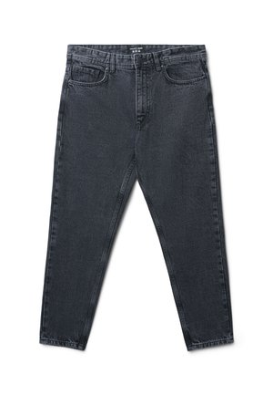 Jeans in denim nero con taglio dritto, design a cinque tasche, cuciture visibili e classica chiusura con bottone e zip.