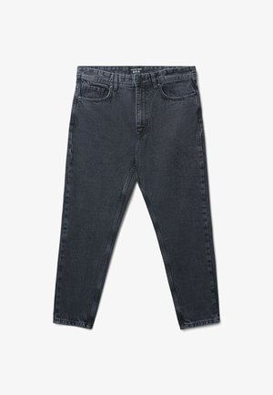 Jeans in denim nero con taglio dritto, design a cinque tasche, cuciture visibili e classica chiusura con bottone e zip.