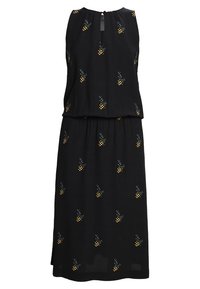 Schwarz ärmelloses Kleid mit gerafftem Bund, das mit floralen Mustern in Gelb und Grün verziert ist. Leichter Stoff mit fließendem Design.
