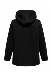 Sweat à capuche noir avec une texture douce, affichant une coupe standard, des manches longues et un ourlet arrondi. Le dos est doté d'une grande capuche confortable.